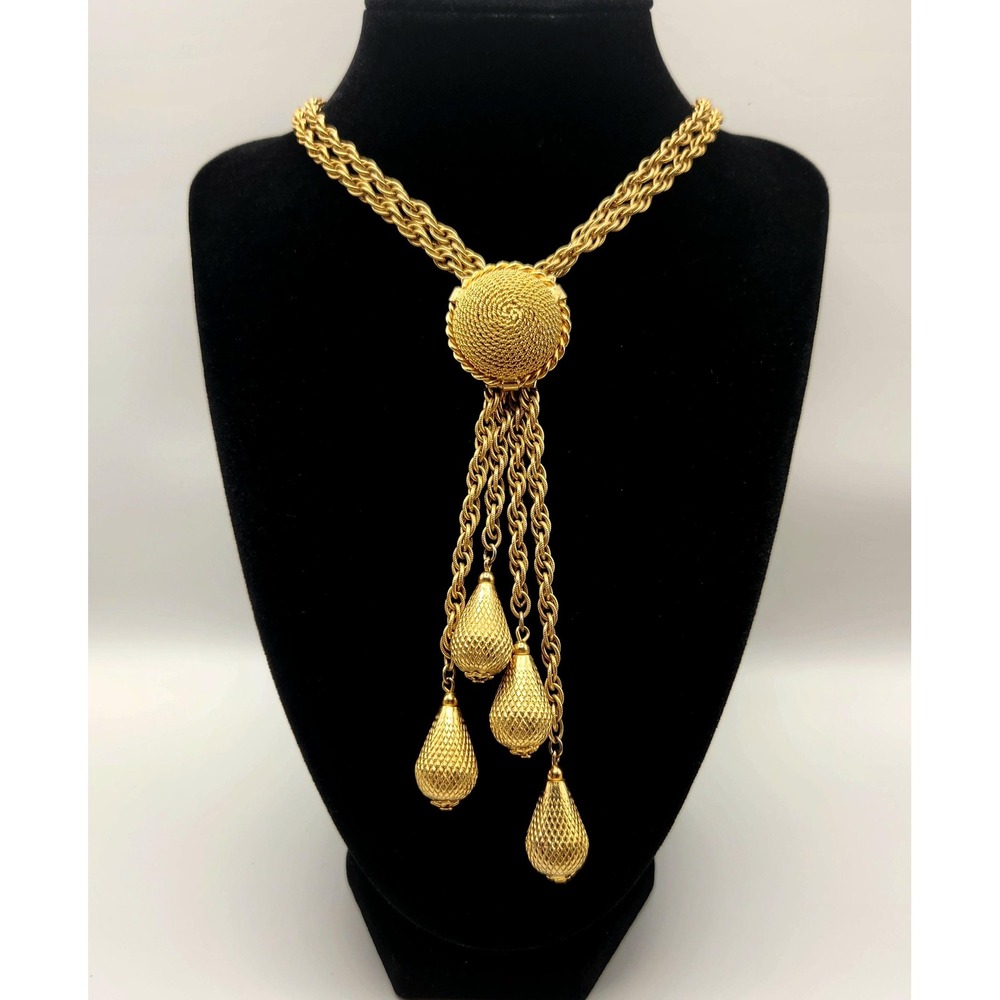 Vintage Gold Tone Lariat Necklace Adjustable Slider Bead Tassel Drop Statement
